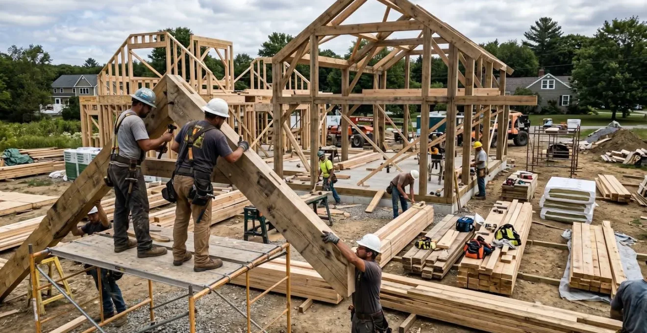 Chantier de construction d'une maison à ossature bois en cours de montage sur un terrain résidentiel, structure apparente