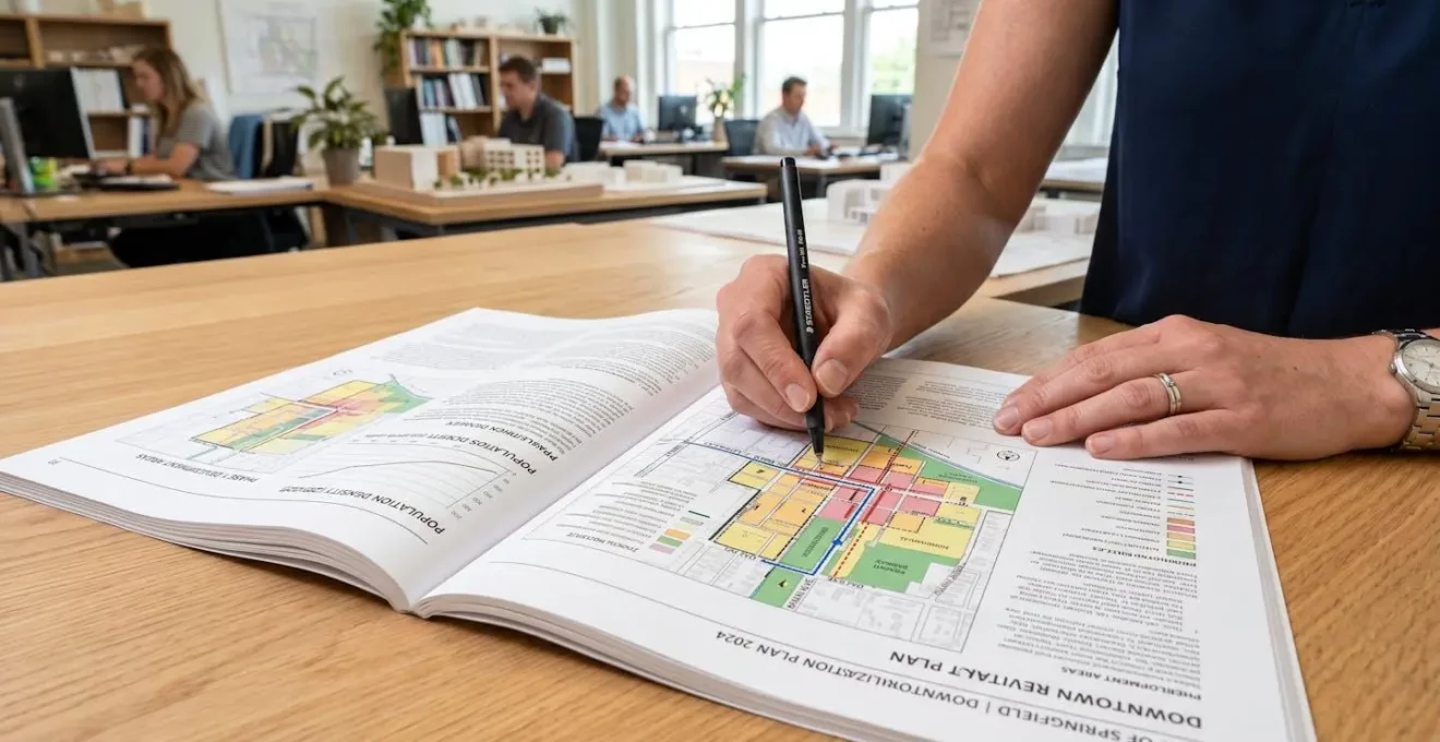 Gros plan sur des mains feuilletant un document officiel de Plan Local d'Urbanisme posé sur un bureau de mairie