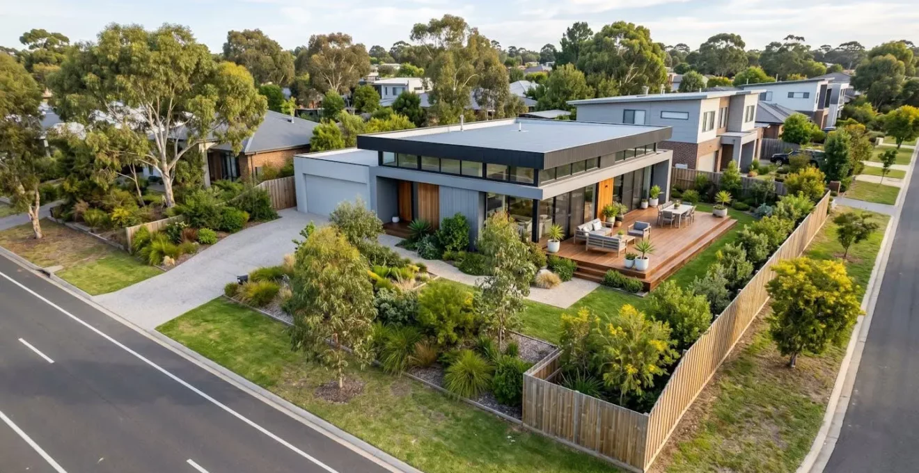 Vue aérienne d'un terrain résidentiel de 800 mètres carrés aménagé avec une maison contemporaine, un jardin paysager et une terrasse en bois